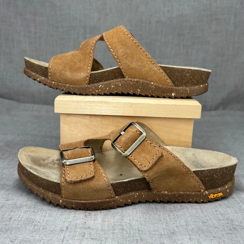 Dansko Dayna Tan Brown‎ Suede Leather Slip On Buckle Sandals Slides Womens EU 37